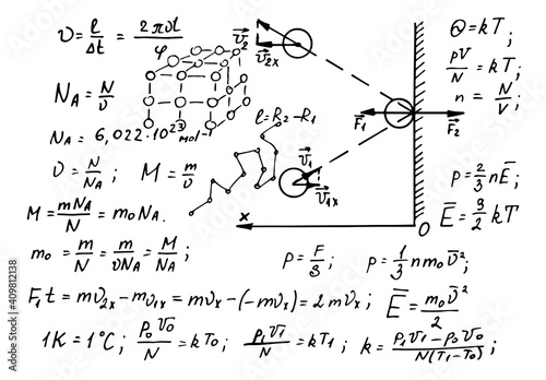Molecular Physical equations and formulas on whiteboard. Vector hand-drawn illustration. Scientific and educational background.
