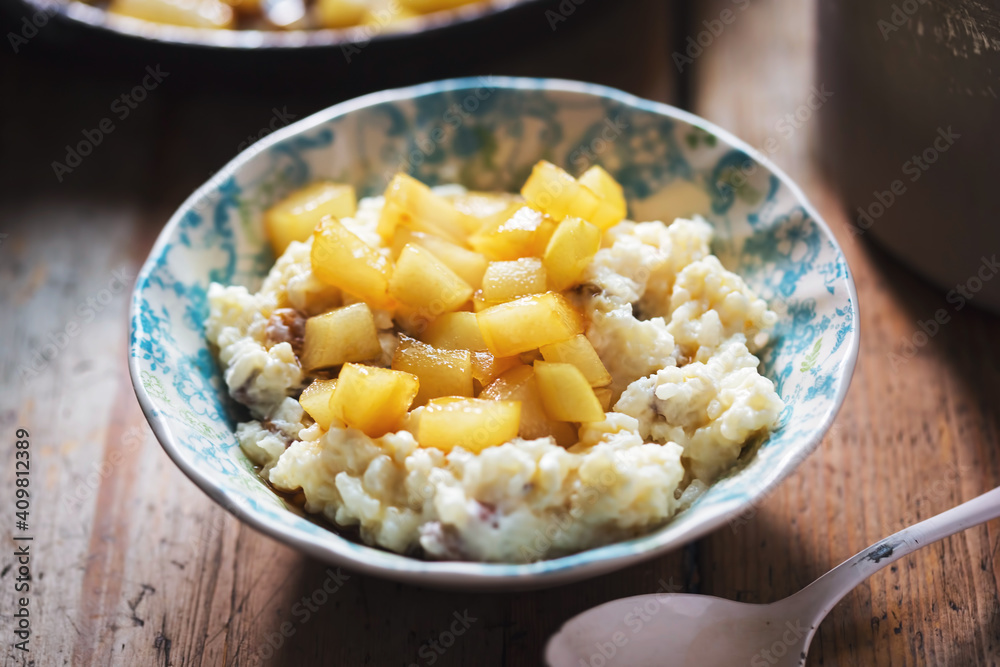 Rice creamy milk pudding with pears in carmel sauce Rice creamy milk pudding with pears in carmel sauce