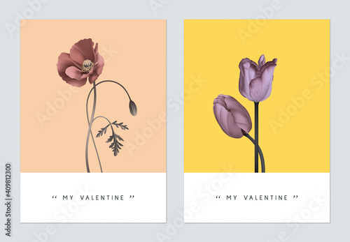 Minimalist botanical valentine greeting card template design, poppy and tulip flowers