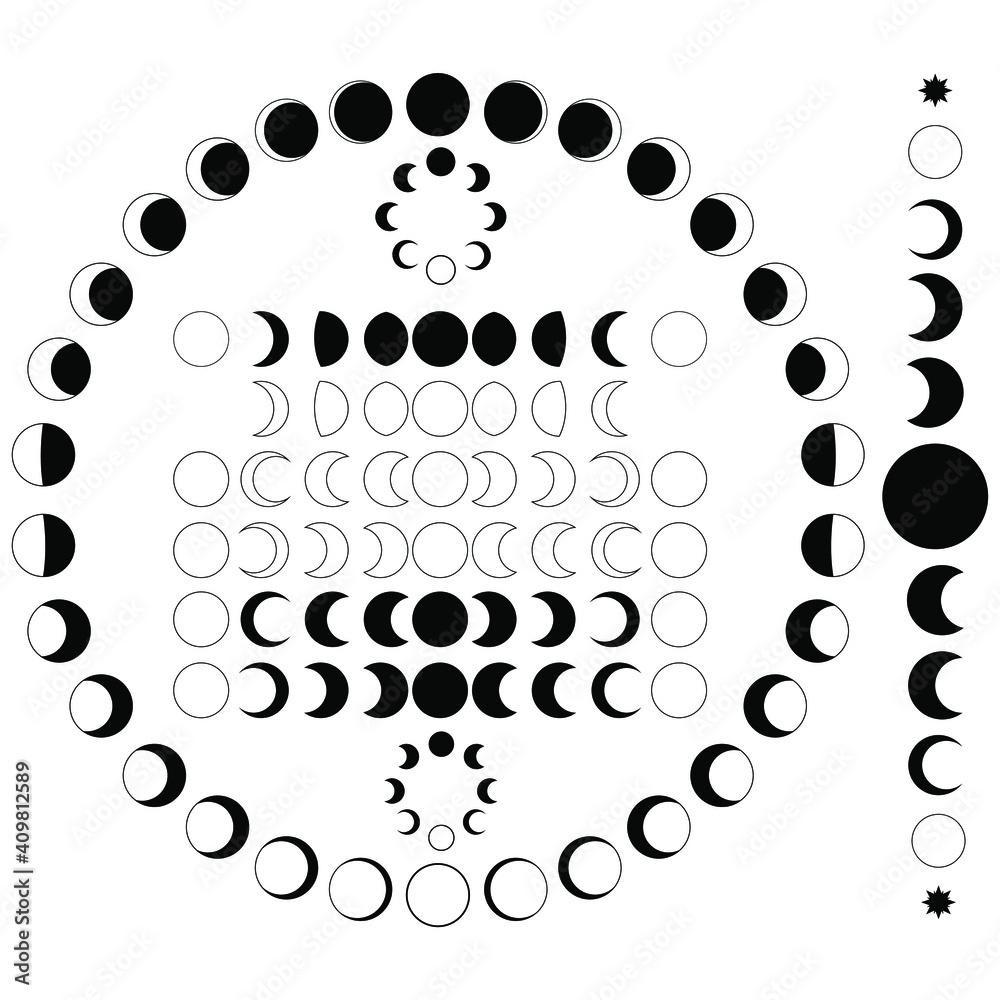 Vector set of moon phases. Moon cycle illustration for both Northern