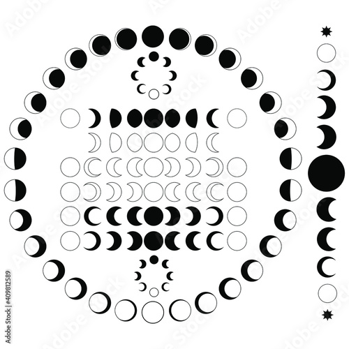 Vector set of moon phases. Moon cycle illustration for both Northern and South hemisphere. 