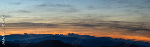 Sunset panorama on a winter evening in the Carpathian region