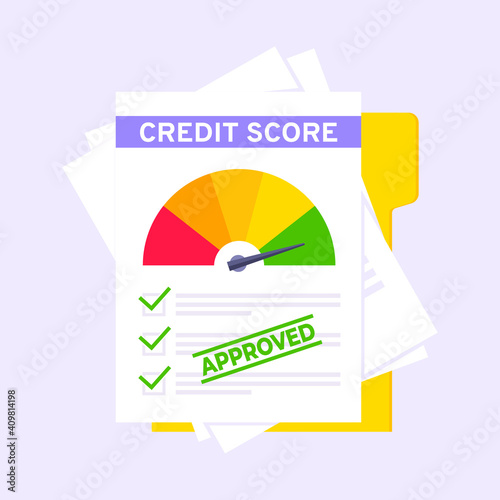 Approved credit score gauge speedometer indicator with color levels on paper sheets and file. Measurement from poor to excellent rating for credit or mortgage loans flat style vector illustration.