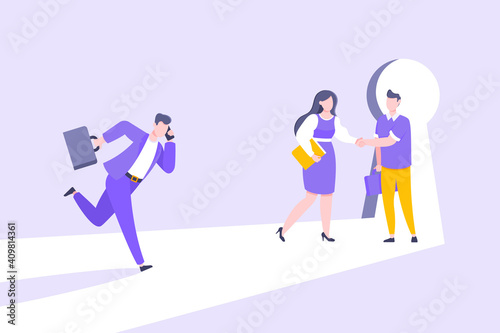 Business key opportunity concept with keyhole and ambitious man running to career potential and work financial success flat style vector illustration. New way business beginnings and unlock future.