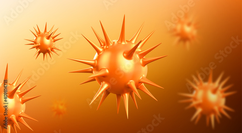 Coronavirus abstract background with corona virus or sars pathogen cells flying. Covid 19 disease vaccination, outbreak and pandemic, medical health risk concept. Realistic 3d vector illustration