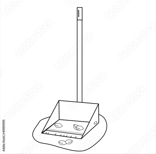 illustration of a dustpan in the yard holding trash. Black and white vector illustration for a coloring book