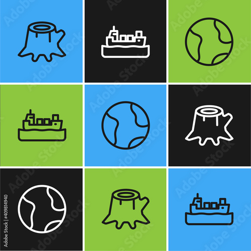 Set line Tree stump, Earth globe and Oil tanker ship icon. Vector.