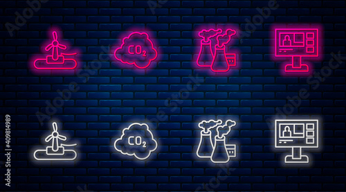 Set line CO2 emissions in cloud, Smoke from factory, Wind turbine and Television report. Glowing neon icon on brick wall. Vector.
