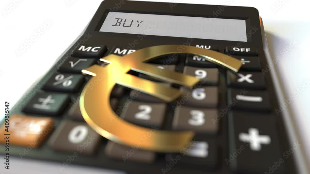 BUY text on calculator display and euro currency symbol. Conceptual 3d animation BUY text on calculator display and euro currency symbol. Conceptual 3d animation