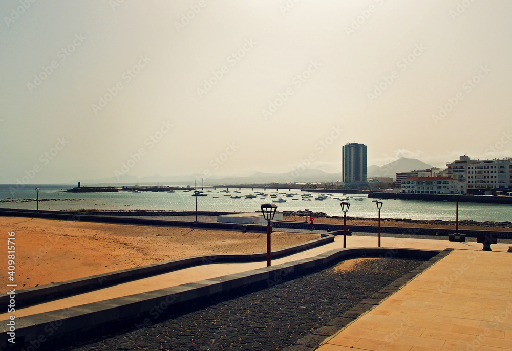 seaside landscape from the capital of the Canary Island Lanzarote Arrecife in Spain on a sunny warm summer day