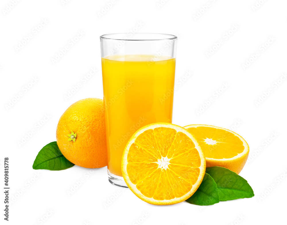 Orange juice and oranges with leaves on white background. Orange juice and oranges with leaves on white background.