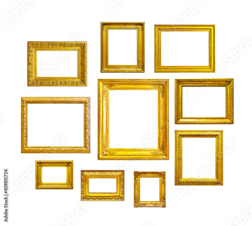 Set of golden frames for paintings, mirrors or photo isolated on white background.