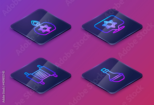 Set Isometric line Burning candle, Torah scroll, Star of David and Jewish wine bottle. Blue square button. Vector.