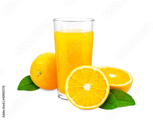 Orange juice and oranges with leaves on white background.
