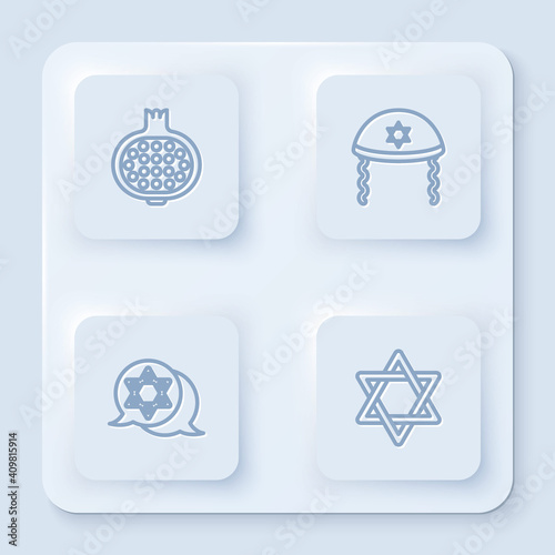 Set line Pomegranate, Jewish kippah, Star of David and . White square button. Vector.
