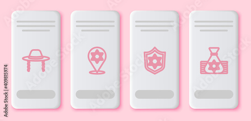 Set line Orthodox jewish hat, Star of David, Shield with and Jewish money bag. White rectangle button. Vector.