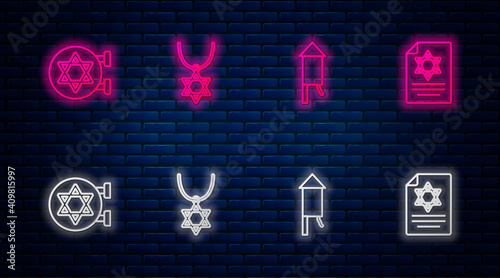 Set line Star of David necklace on chain, Firework rocket, Jewish synagogue and Torah scroll. Glowing neon icon on brick wall. Vector.