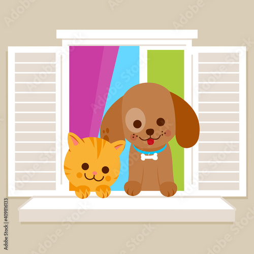 Cat and dog sitting on a window sill at home. Vector illustration