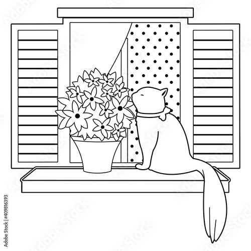 Cat sitting on a window sill at home. Vector black and white coloring page