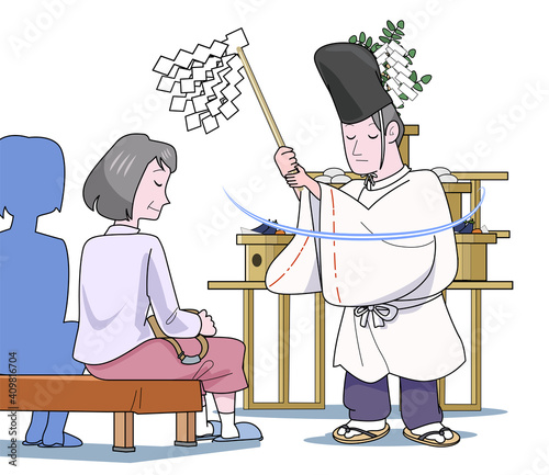 厄除けのお祓いをしてもらう妙齢の女性