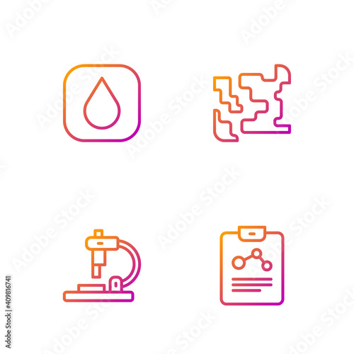 Set line Chemistry report, Microscope, Water drop and Gaseous. Gradient color icons. Vector.