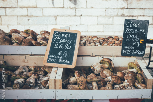 Wild mushrooms in a market stall in France