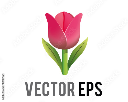 Vector pink tulip flower icon with green stem and leaves