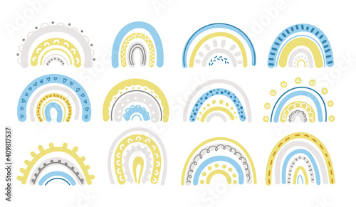 Spring pastel rainbow in blue and yellow clipart set - baby cartoon rainbows isolated on white background, cute nursery decorative design elements, vector kids illustration