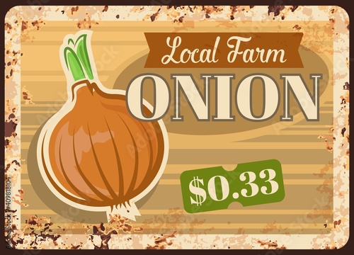 Onion vegetable metal plate rusty of farm market food price sign, vector retro poster. Natural organic onion, agriculture vegetables food price menu on metal plate with rust