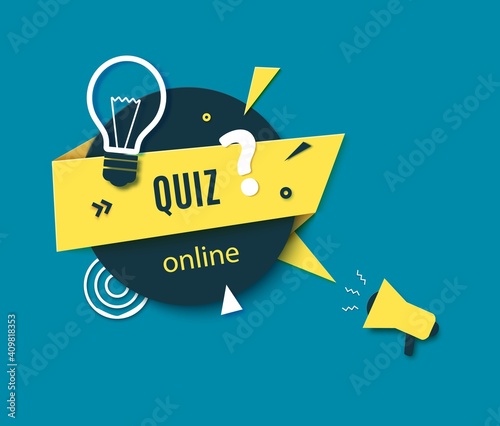 Quiz online label in paper cut style. Layout banner with dark circle and yellow folded strip and megaphone white bulb and question mark. Layered papercut sticker for ad flyer. Vector illustration.