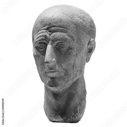 Head detail of the ancient man sculpture. Stone face isolated on white background. Antique marble statue of mythical character