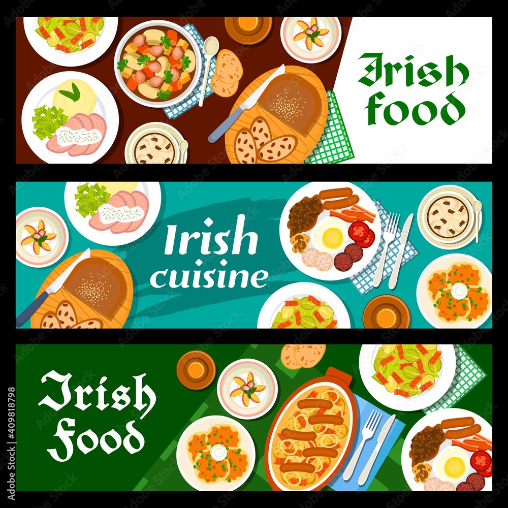 Food, Irish breakfast, Ireland cuisine vector banners, bread, pudding with raisins, salad and beef stew meals, Irish cuisine menu, restaurant traditional coffee, lunch meat and pastry desserts Food, Irish breakfast, Ireland cuisine vector banners, bread, pudding with raisins, salad and beef stew meals, Irish cuisine menu, restaurant traditional coffee, lunch meat and pastry desserts