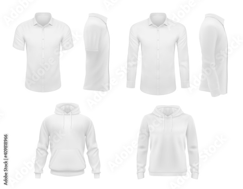 Men clothes vector shirts with short and long sleeves and hoody apparel mockup. White 3d male casual garment template, blank clothing outfit design front and side view isolated realistic objects set