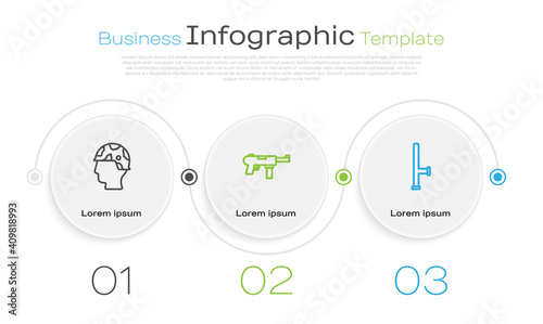 Set line Army soldier, Submachine gun M3 and Police rubber baton. Business infographic template. Vector.