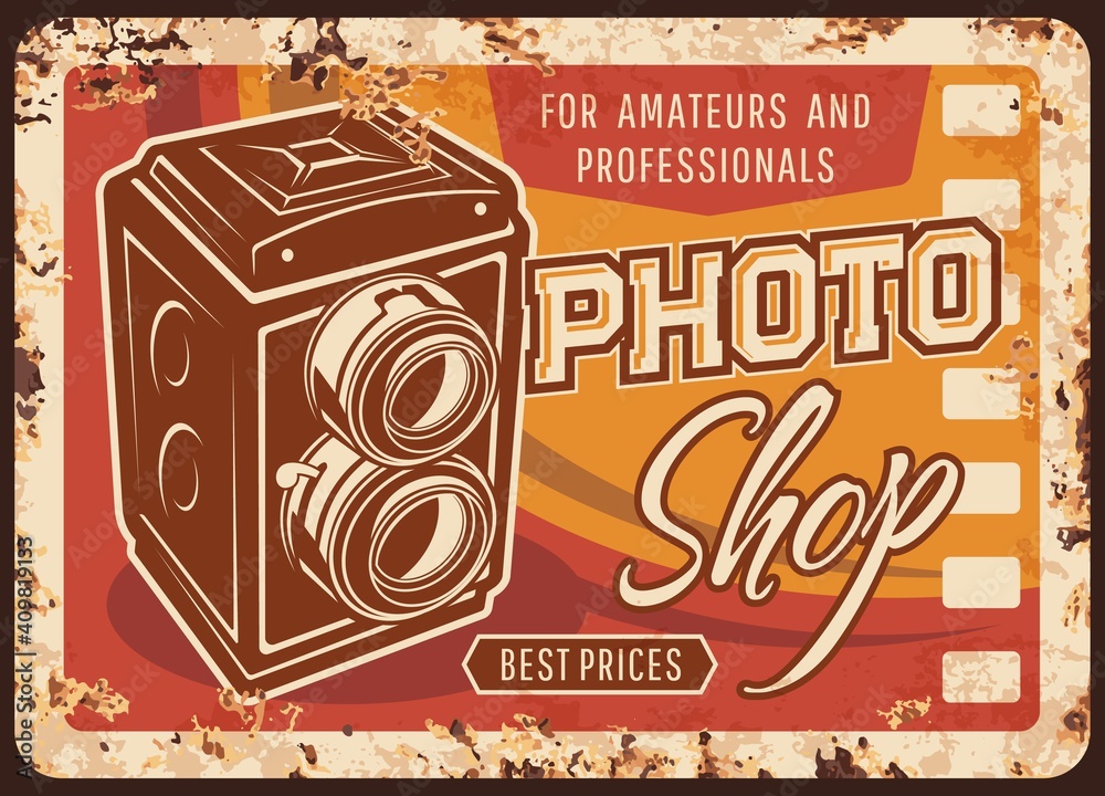Photo shop rusty metal plate, vector vintage rust tin sign with retro photo camera. Ferruginous poster for optical technics store, technics for amateurs and professionals, photographers workshop