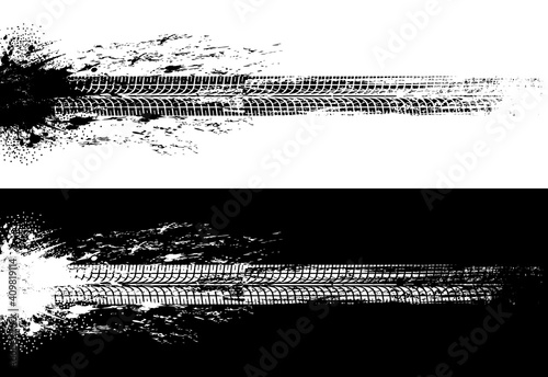 Car tires print, vehicle wheel dirty trails. Motorbike protector grungy marks, truck wheel rubber treads and auto tires traces vector. Rally motorsport, off road racing design elements with car trails