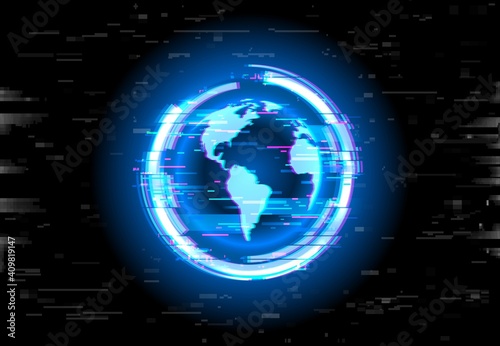 Earth globe with glitch effect, vector planet of solar system. Blue neon glowing Earth sphere with continents on black distorted background. Astronomical object in deep space with pixelized texture