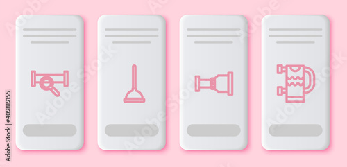 Set line Industry metallic pipe, Rubber plunger, Pipe adapter and Heated towel rail. White rectangle button. Vector.
