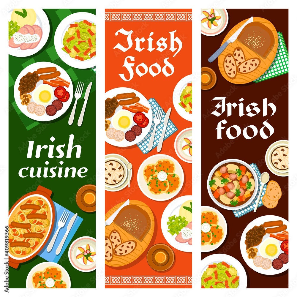 Irish food cuisine, breakfast menu and Ireland dishes, vector banners with bread raisin, pudding and beef stew. Irish cuisine restaurant menu food lunch Dublin coddle, Brussels sprouts and bacon salad Irish food cuisine, breakfast menu and Ireland dishes, vector banners with bread raisin, pudding and beef stew. Irish cuisine restaurant menu food lunch Dublin coddle, Brussels sprouts and bacon salad