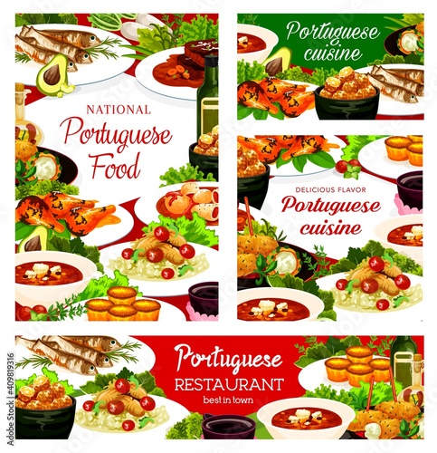 Portuguese cuisine dishes pasteh cakes, cod soup, pasteigi, fish croquettes, and jinia cherry liquor. Sardines, piri riri chicken and stewed chicken in wine with beef stew portugal food posters set photo