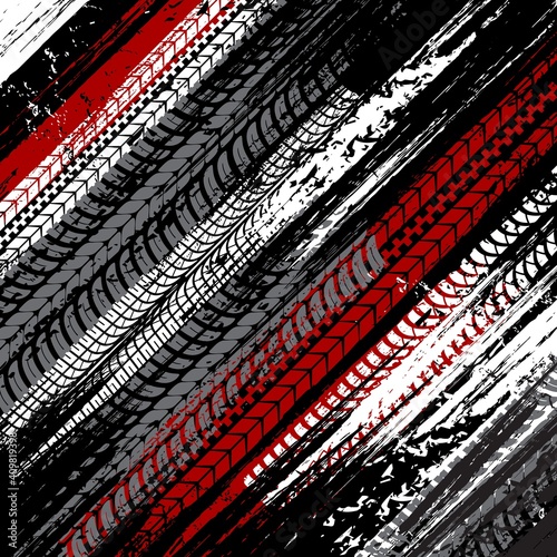 Car tires dirty traces grunge background. Vehicle wheel rubber treads, motorbike protector black, white and red marks, truck protector treads vector graphic texture. Motorsport or transport background