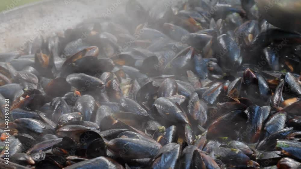 Mussels are cooked in a large cauldron. Oystersin sauce are cooked in a cauldron over an open fire. Cooking mussels in shell, close-up