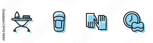 Set line Rubber gloves, Iron and ironing board, Bucket with rag and Washing dishes icon. Vector.