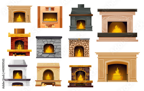 Fireplace with fire isolated vector icons of home and room interior design. Cartoon brick and stone fireplaces with wood burning, electric and gas powered stoves, metal grates, rakes and wood logs