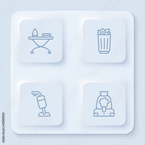 Set line Iron and ironing board, Full trash can, Vacuum cleaner and Cleaning lady service. White square button. Vector.