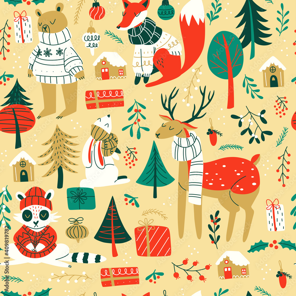 Pattern of hand drawn winter forest elements. Christmas design background.