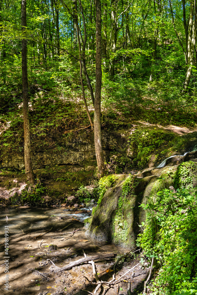 Waterfall Szum on Bentkowka Creek in Bedkowska Valley within Jura Krakowsko-Czestochowska upland near Cracow in Lesser Poland Waterfall Szum on Bentkowka Creek in Bedkowska Valley within Jura Krakowsko-Czestochowska upland near Cracow in Lesser Poland