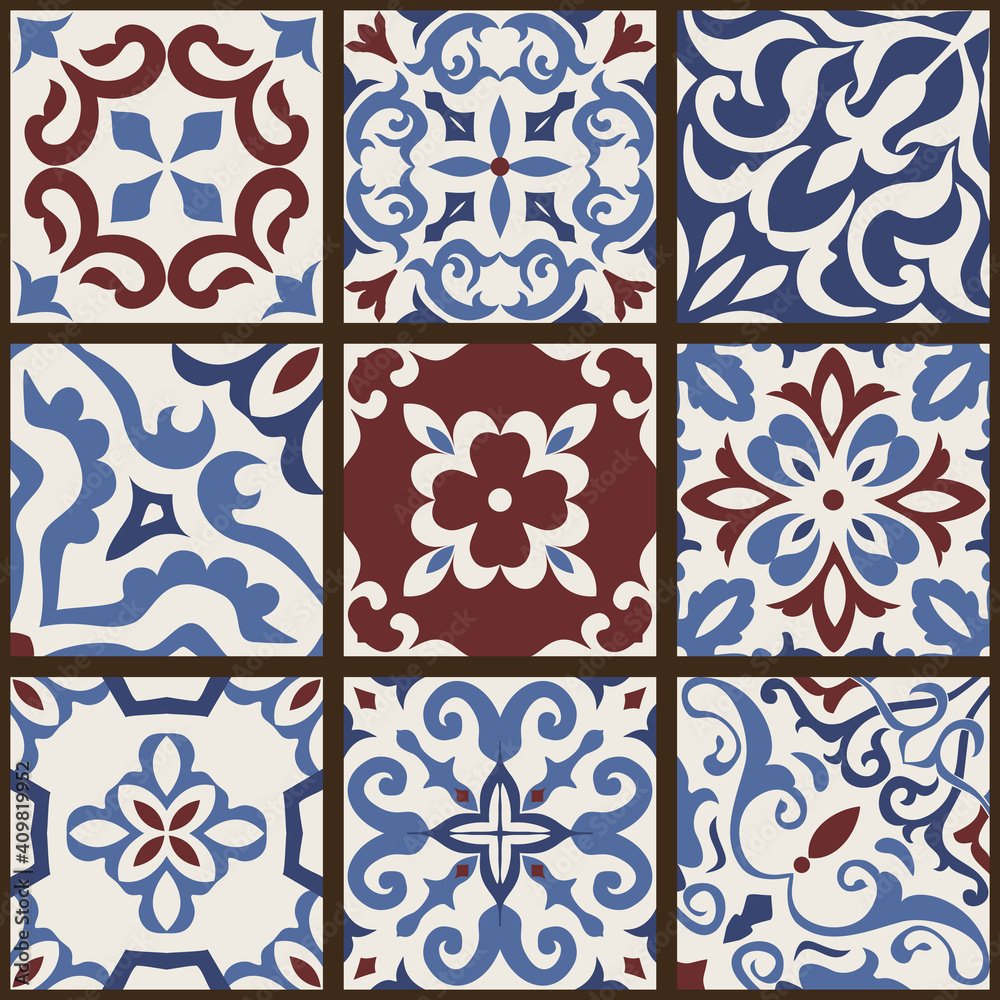 Set of 9 tiles Azulejos in blue, brown, gray. Original traditional Portuguese and Spain decor. Seamless patchwork tile with Victorian motives. Ceramic tile in talavera style. Gaudi mosaic. Vector Set of 9 tiles Azulejos in blue, brown, gray. Original traditional Portuguese and Spain decor. Seamless patchwork tile with Victorian motives. Ceramic tile in talavera style. Gaudi mosaic. Vector