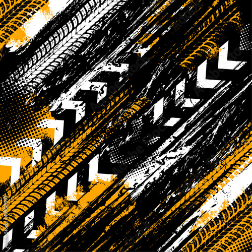 Offroad grunge tyre prints, vector background with grungy abstract pattern. Rally, motocross dirty tires print, off road grungy trails texture for automobile service or racing tournament design,