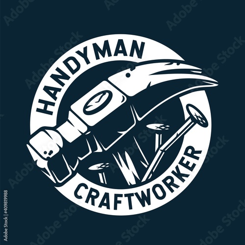 Logo of hammer and nails for craft studio or workshop. Handyman repair tool, professional carpentry work
